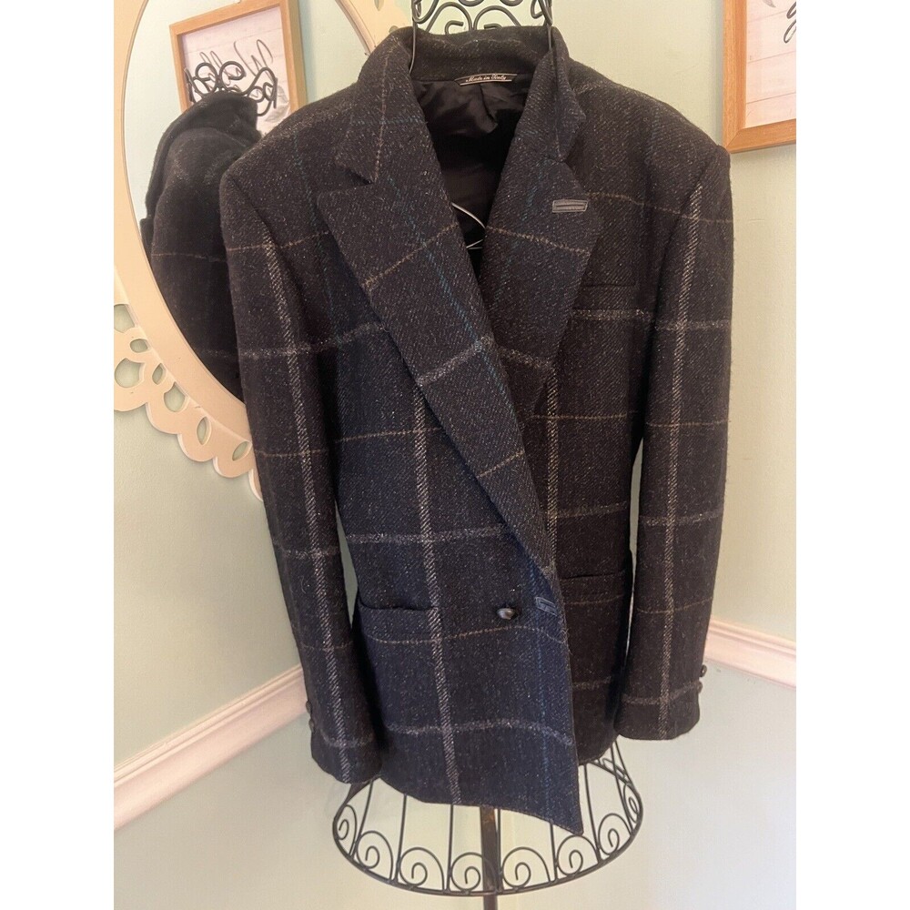Gianni Versace Blazer Sz 44 Made‎ In Italy Plaid Leather Trim Wool Vtg